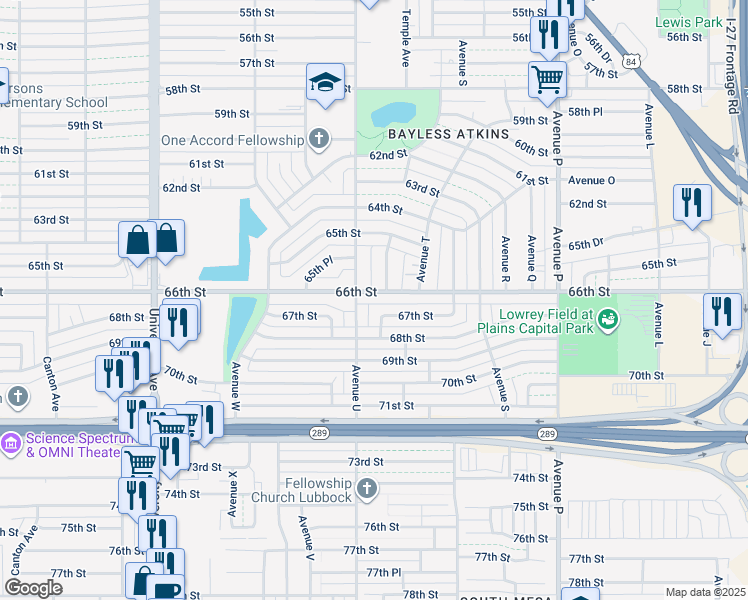 map of restaurants, bars, coffee shops, grocery stores, and more near 1931 66th Street in Lubbock