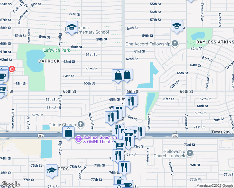 map of restaurants, bars, coffee shops, grocery stores, and more near 2503 66th Street in Lubbock