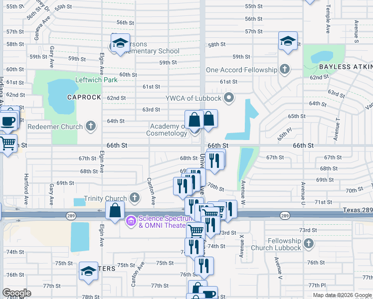 map of restaurants, bars, coffee shops, grocery stores, and more near 2711 66th Street in Lubbock