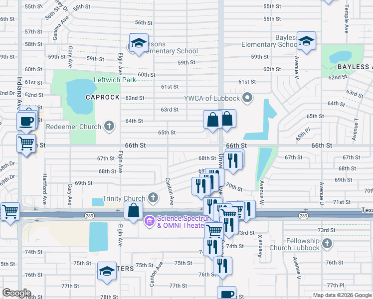 map of restaurants, bars, coffee shops, grocery stores, and more near 2725 66th Street in Lubbock