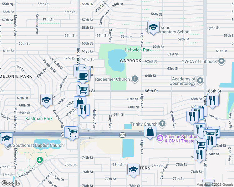 map of restaurants, bars, coffee shops, grocery stores, and more near 3033 66th Street in Lubbock