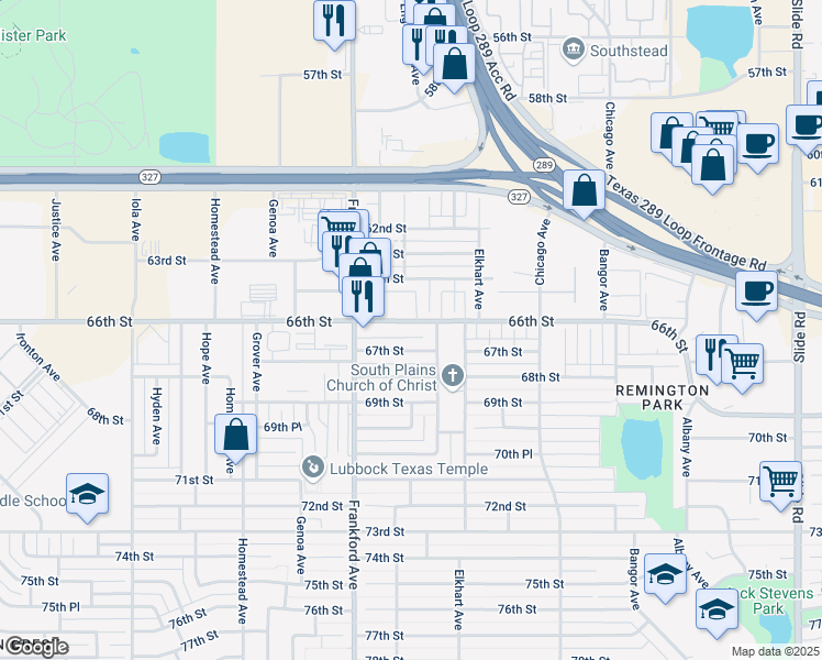 map of restaurants, bars, coffee shops, grocery stores, and more near 6602 Elmwood Avenue in Lubbock