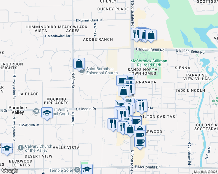 map of restaurants, bars, coffee shops, grocery stores, and more near 6635 North 70th Place in Paradise Valley