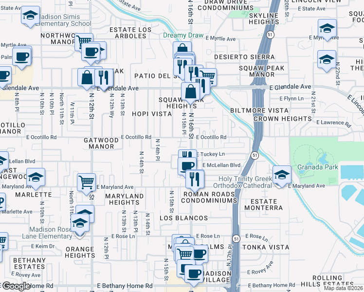 map of restaurants, bars, coffee shops, grocery stores, and more near 6650 North 16th Street in Phoenix