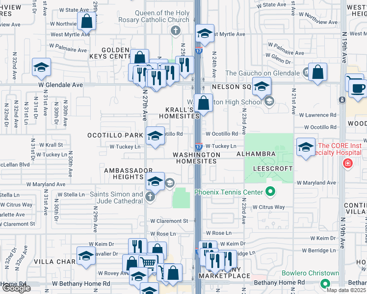 map of restaurants, bars, coffee shops, grocery stores, and more near 2501 West Ocotillo Road in Phoenix