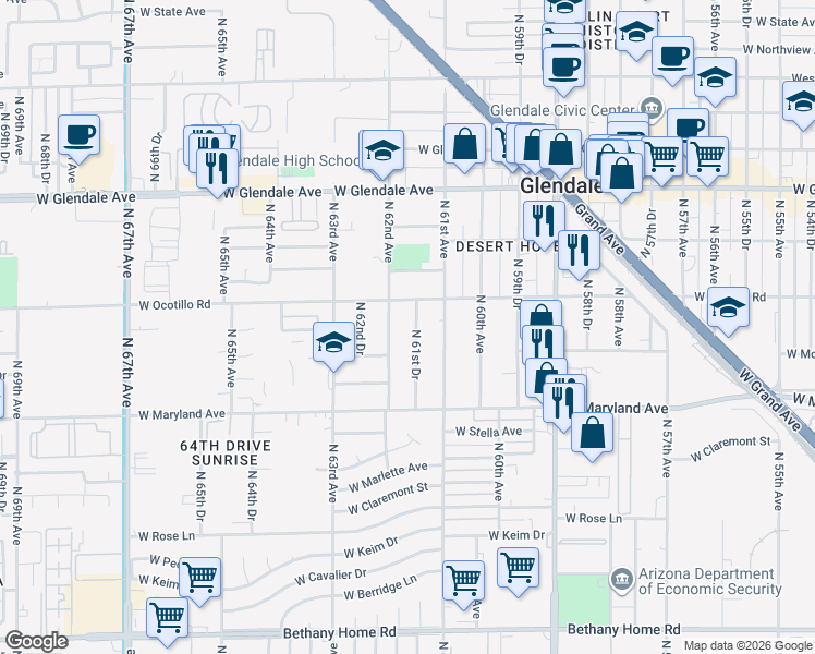 map of restaurants, bars, coffee shops, grocery stores, and more near 6621 North 62nd Avenue in Glendale