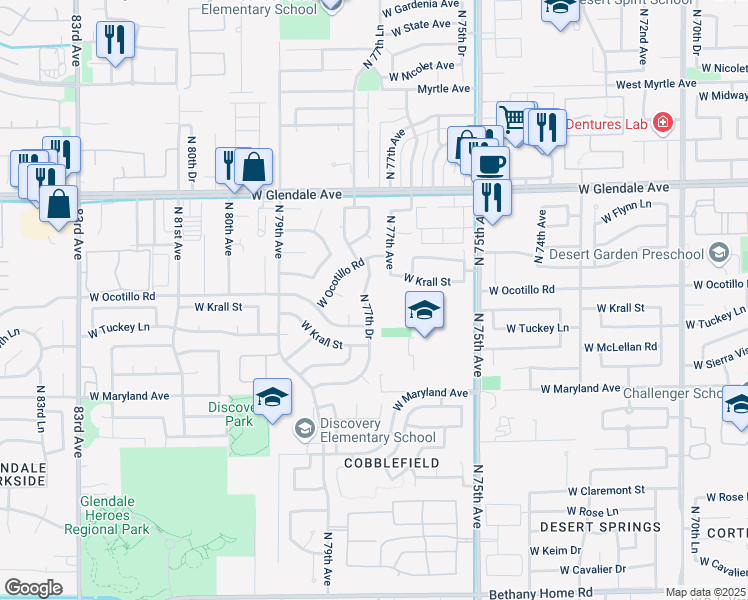 map of restaurants, bars, coffee shops, grocery stores, and more near 6722 North 77th Drive in Glendale