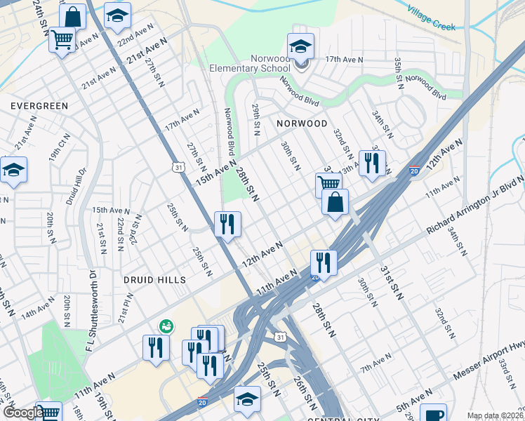 map of restaurants, bars, coffee shops, grocery stores, and more near 1328 28th Street North in Birmingham