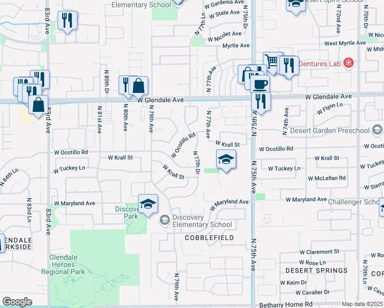 map of restaurants, bars, coffee shops, grocery stores, and more near 6722 North 77th Drive in Glendale