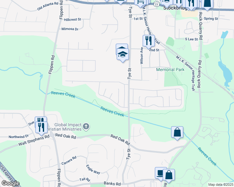 map of restaurants, bars, coffee shops, grocery stores, and more near 413 Tina Hely Court in Stockbridge