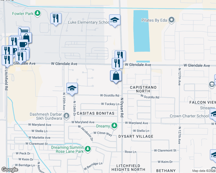 map of restaurants, bars, coffee shops, grocery stores, and more near 6706 North Dysart Road in Glendale