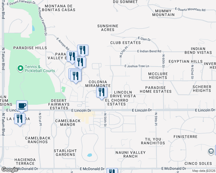 map of restaurants, bars, coffee shops, grocery stores, and more near 6636 North Lost Dutchman Drive in Paradise Valley