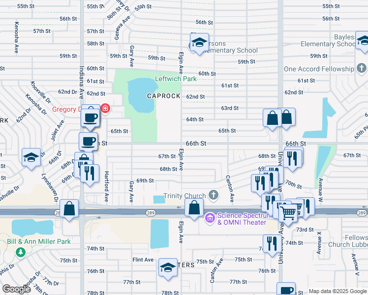 map of restaurants, bars, coffee shops, grocery stores, and more near 2837 66th Street in Lubbock