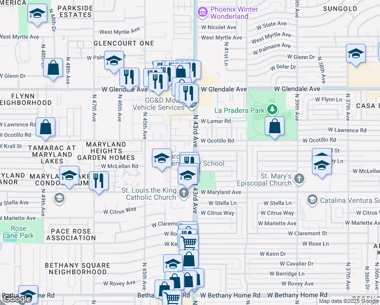 map of restaurants, bars, coffee shops, grocery stores, and more near 6676 North 43rd Avenue in Glendale