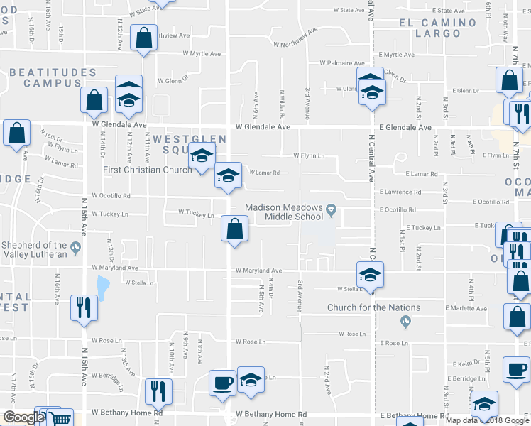 map of restaurants, bars, coffee shops, grocery stores, and more near 501 West Ocotillo Road in Phoenix