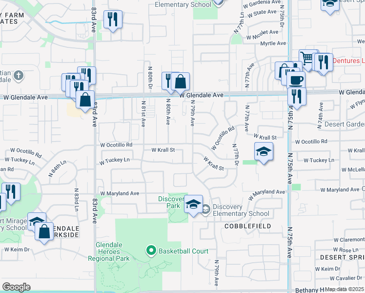 map of restaurants, bars, coffee shops, grocery stores, and more near 7910 West Krall Street in Glendale
