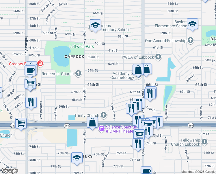 map of restaurants, bars, coffee shops, grocery stores, and more near 2805 66th Street in Lubbock