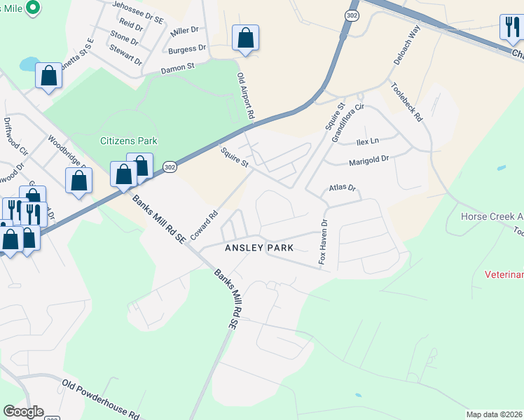 map of restaurants, bars, coffee shops, grocery stores, and more near 44 Cape Fox Cir in Aiken