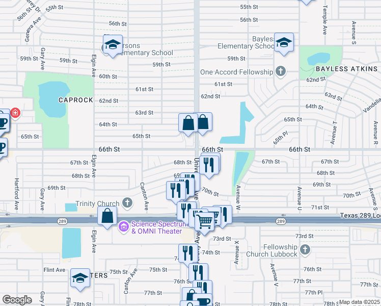 map of restaurants, bars, coffee shops, grocery stores, and more near 2503 66th St in Lubbock