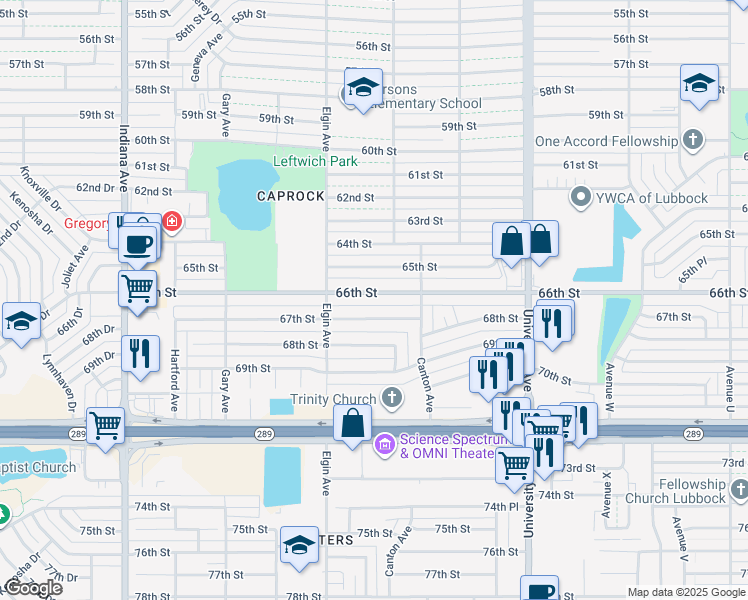 map of restaurants, bars, coffee shops, grocery stores, and more near 2819 66th St in Lubbock
