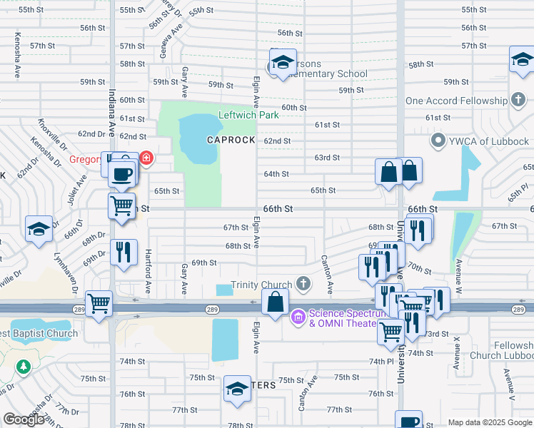 map of restaurants, bars, coffee shops, grocery stores, and more near 2833 66th Street in Lubbock
