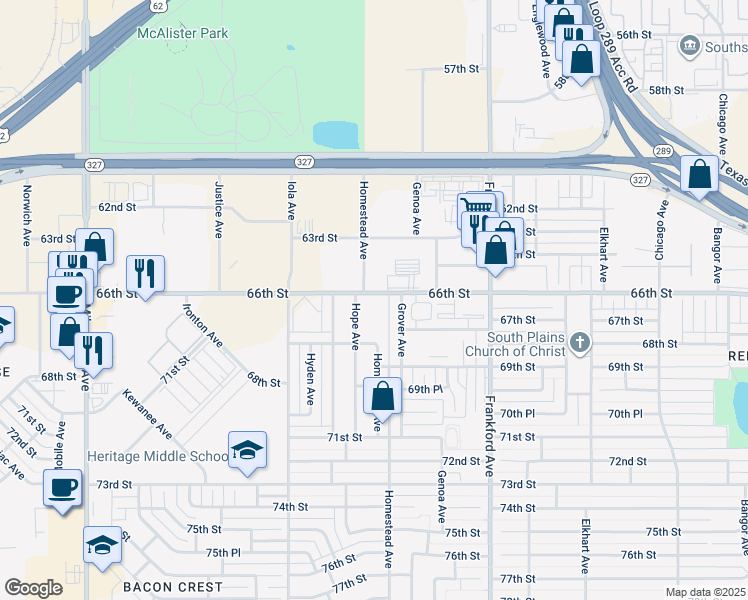 map of restaurants, bars, coffee shops, grocery stores, and more near 5917 66th Street in Lubbock