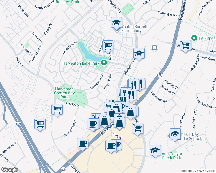 map of restaurants, bars, coffee shops, grocery stores, and more near 28965 Williston Court in Temecula