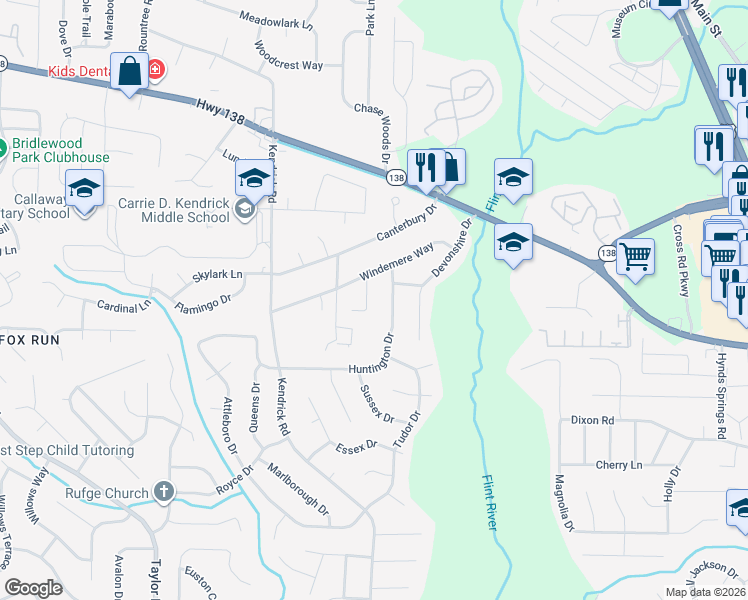 map of restaurants, bars, coffee shops, grocery stores, and more near 8075 Huntington Drive in Jonesboro