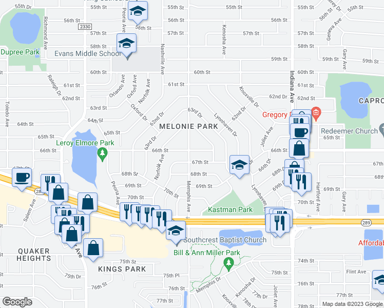 map of restaurants, bars, coffee shops, grocery stores, and more near 3711 66th Street in Lubbock