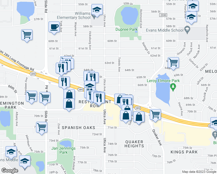 map of restaurants, bars, coffee shops, grocery stores, and more near 4709 66th Street in Lubbock