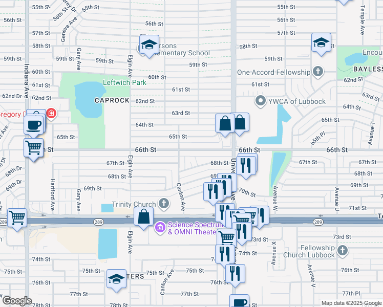 map of restaurants, bars, coffee shops, grocery stores, and more near 2725 66th Street in Lubbock