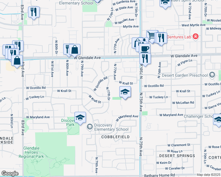 map of restaurants, bars, coffee shops, grocery stores, and more near 6722 North 77th Drive in Glendale