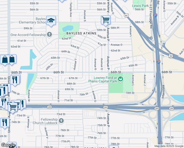 map of restaurants, bars, coffee shops, grocery stores, and more near 1805 66th Street in Lubbock