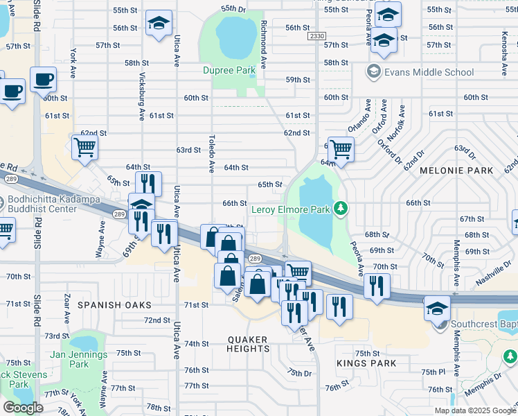 map of restaurants, bars, coffee shops, grocery stores, and more near 4415 66th Street in Lubbock