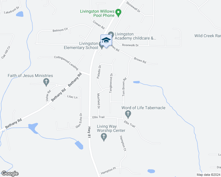 map of restaurants, bars, coffee shops, grocery stores, and more near Tanglewood Drive in Covington