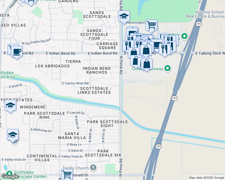 map of restaurants, bars, coffee shops, grocery stores, and more near 8735 East Tuckey Lane in Scottsdale