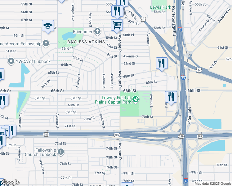 map of restaurants, bars, coffee shops, grocery stores, and more near 1605 66th Street in Lubbock