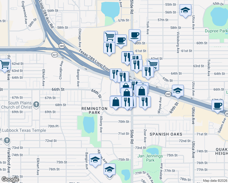 map of restaurants, bars, coffee shops, grocery stores, and more near 6701 Aberdeen Avenue in Lubbock