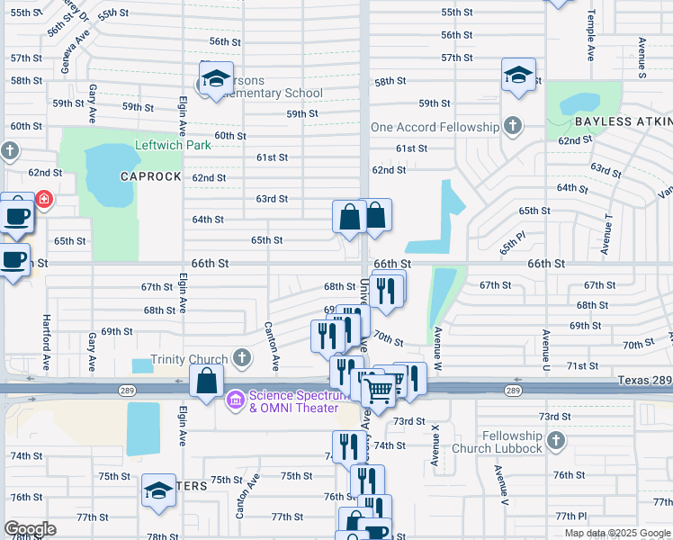 map of restaurants, bars, coffee shops, grocery stores, and more near 2711 66th Street in Lubbock