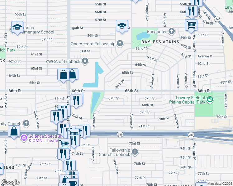 map of restaurants, bars, coffee shops, grocery stores, and more near 2113 66th Street in Lubbock