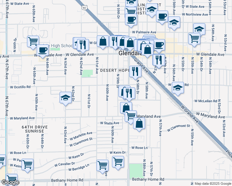 map of restaurants, bars, coffee shops, grocery stores, and more near 6622 North 59th Drive in Glendale