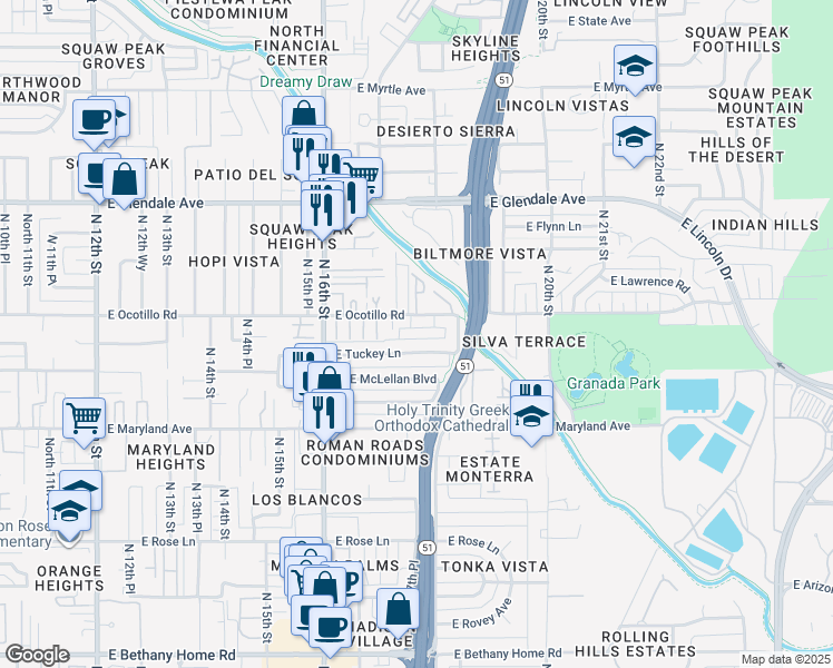 map of restaurants, bars, coffee shops, grocery stores, and more near 6627 North 17th Place in Phoenix