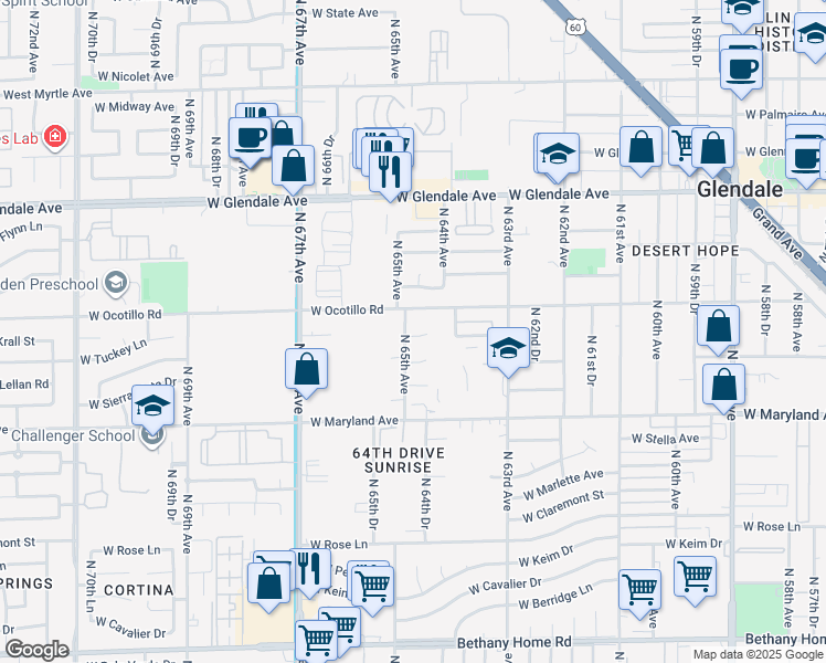 map of restaurants, bars, coffee shops, grocery stores, and more near 6625 North 65th Avenue in Glendale