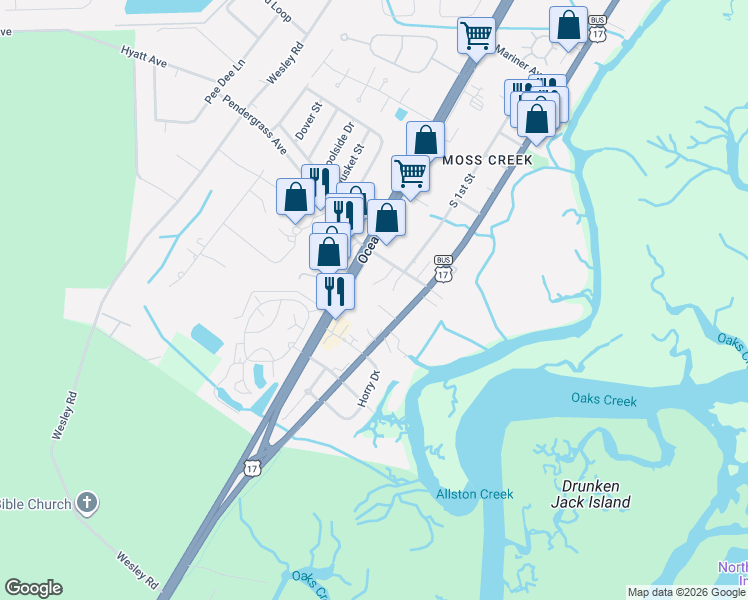 map of restaurants, bars, coffee shops, grocery stores, and more near 5152 U.S. 17 Business in Murrells Inlet