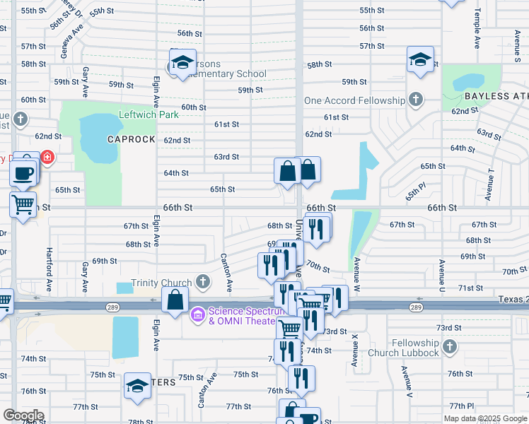 map of restaurants, bars, coffee shops, grocery stores, and more near 2711 66th Street in Lubbock