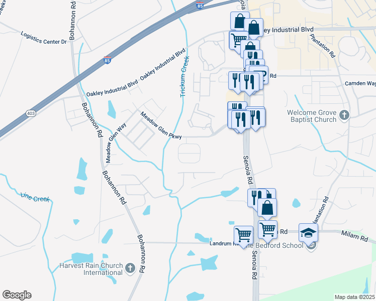 map of restaurants, bars, coffee shops, grocery stores, and more near 3017 Meadow Glen Pass in Fairburn
