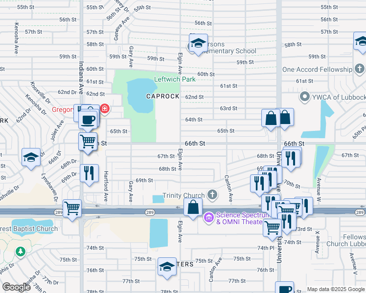 map of restaurants, bars, coffee shops, grocery stores, and more near 2833 66th Street in Lubbock