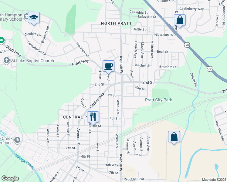 map of restaurants, bars, coffee shops, grocery stores, and more near 216 Avenue V in Birmingham