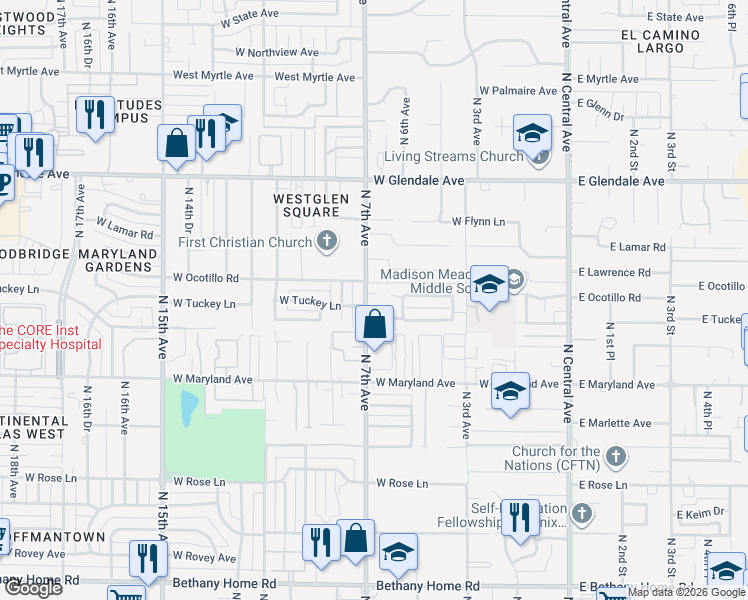 map of restaurants, bars, coffee shops, grocery stores, and more near 613 West Ocotillo Road in Phoenix