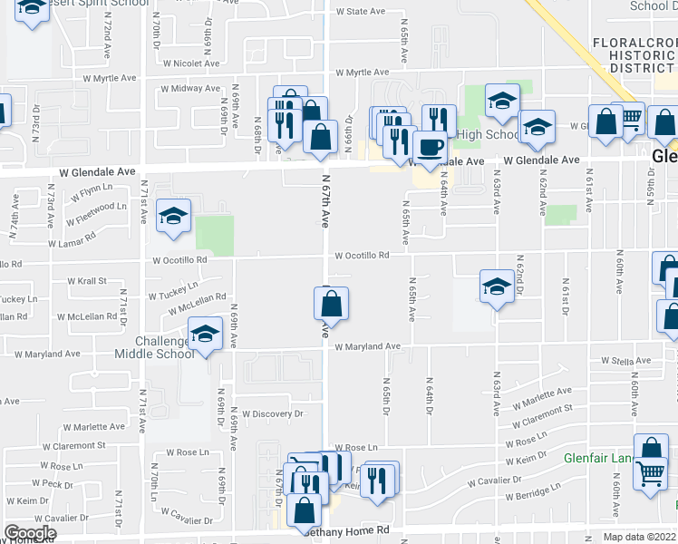 map of restaurants, bars, coffee shops, grocery stores, and more near 6633 North 67th Avenue in Glendale